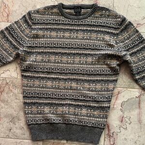Jos. A. Bank gray, cream, blue and brown patterned crewneck sweater, like new